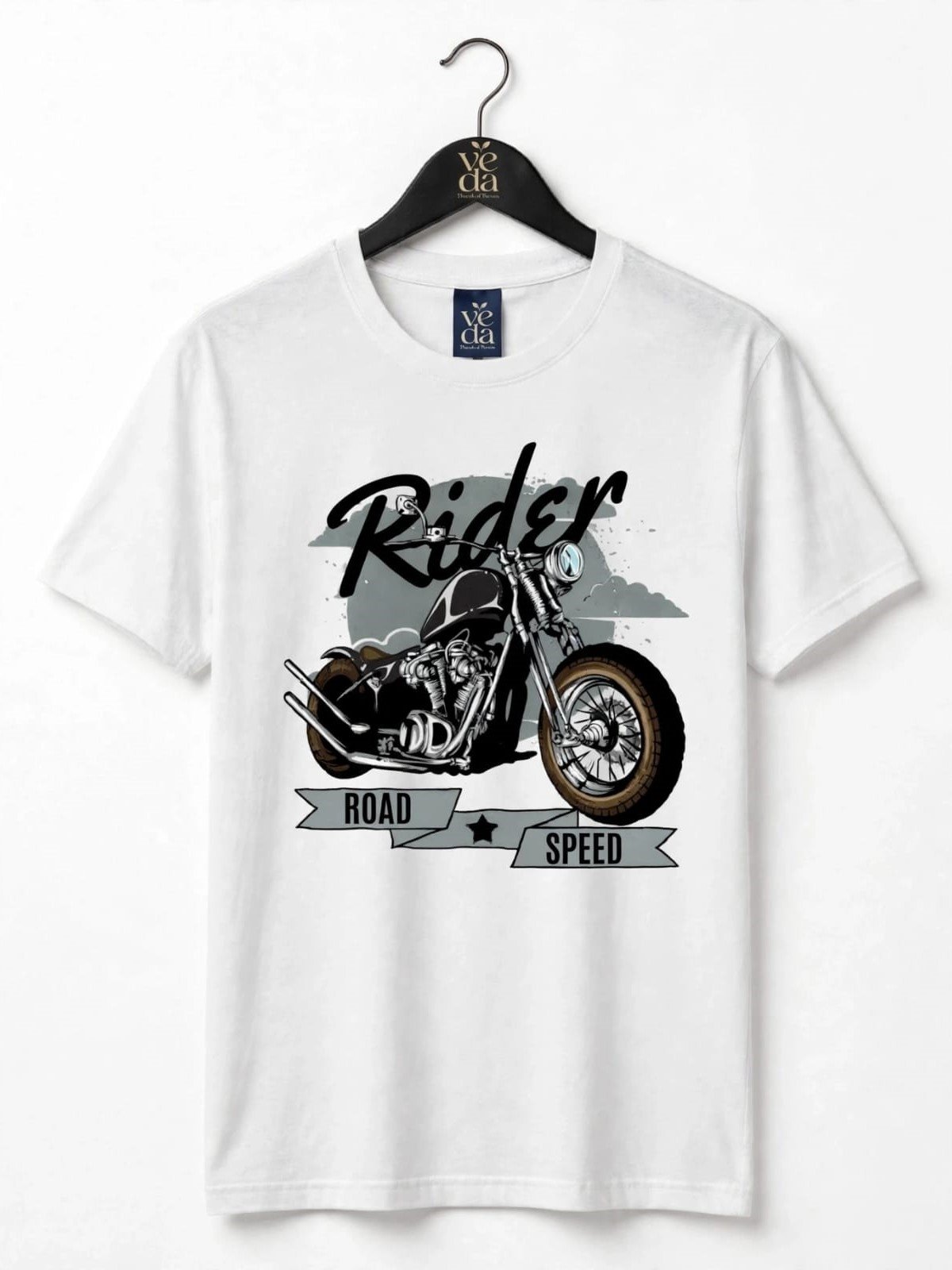 VEDA Fashion Premium Rider Printed White Men's T-Shirt | 100% Cotton | Regular Fit