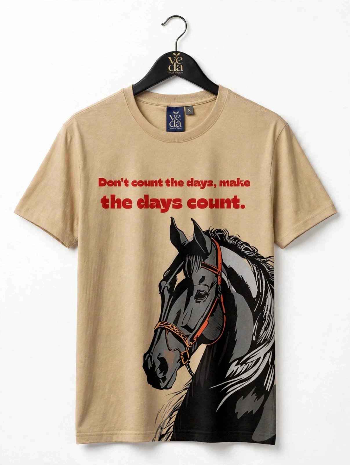 VEDA Fashion Premium Horse Printed Beige Men's T-Shirt | 100% Cotton | Regular Fit