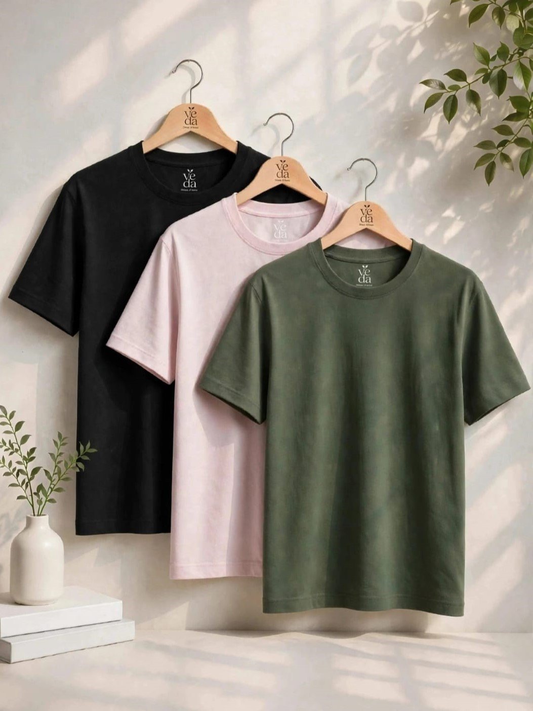VEDA Fashion Premium Plain Men’s Combo (Black, Icy Pink, Olive Green) T-Shirts (Regular Size)