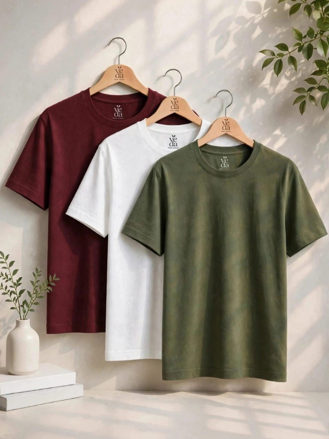 VEDA Fashion Premium Plain Men’s Combo (Maroon, White, Olive Green) T-Shirts (Regular Size)