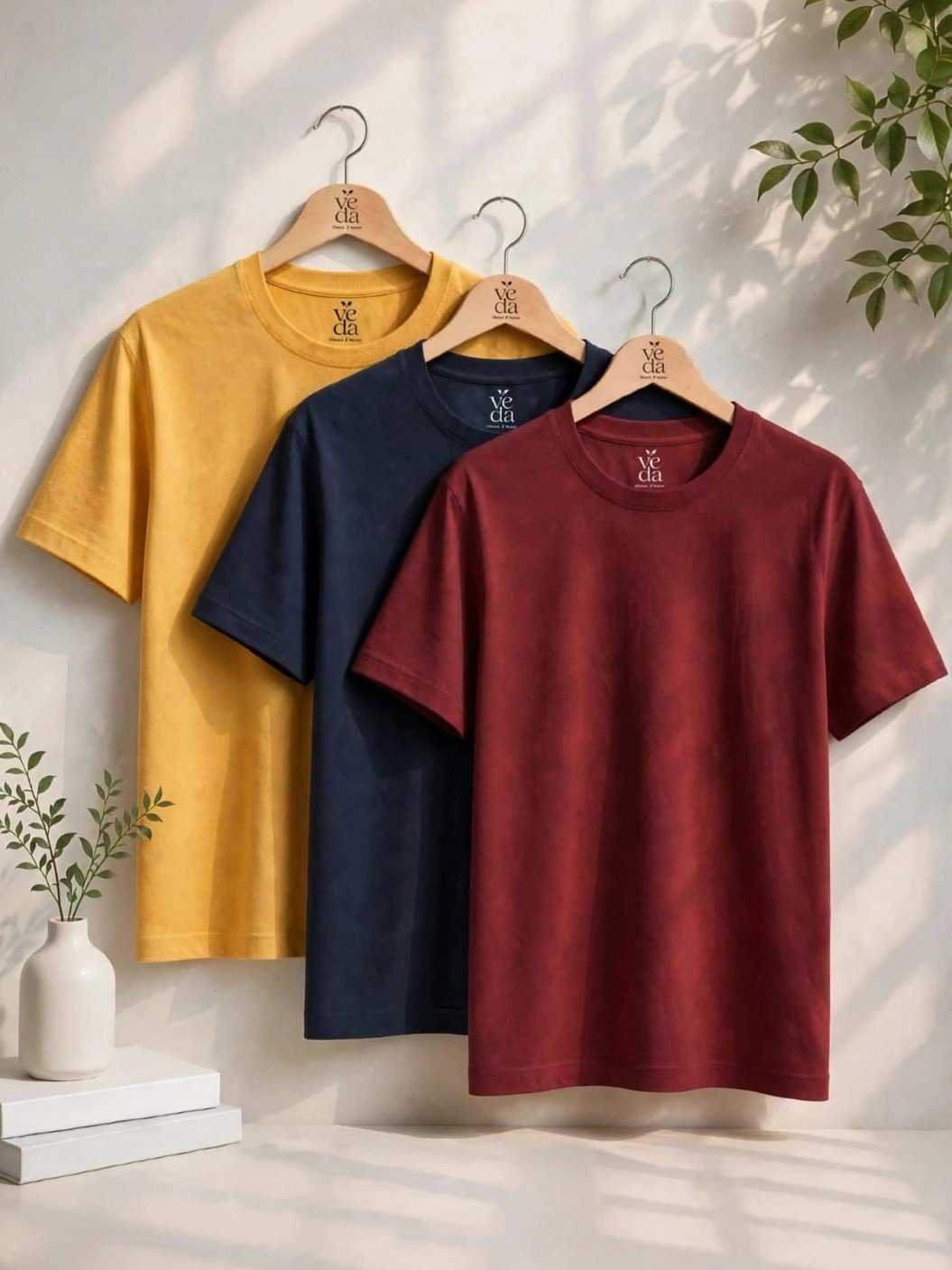 VEDA Fashion Premium Plain Men’s Combo (Mastard Yello, Navy Blue, Maroon) T-Shirts (Regular Size)