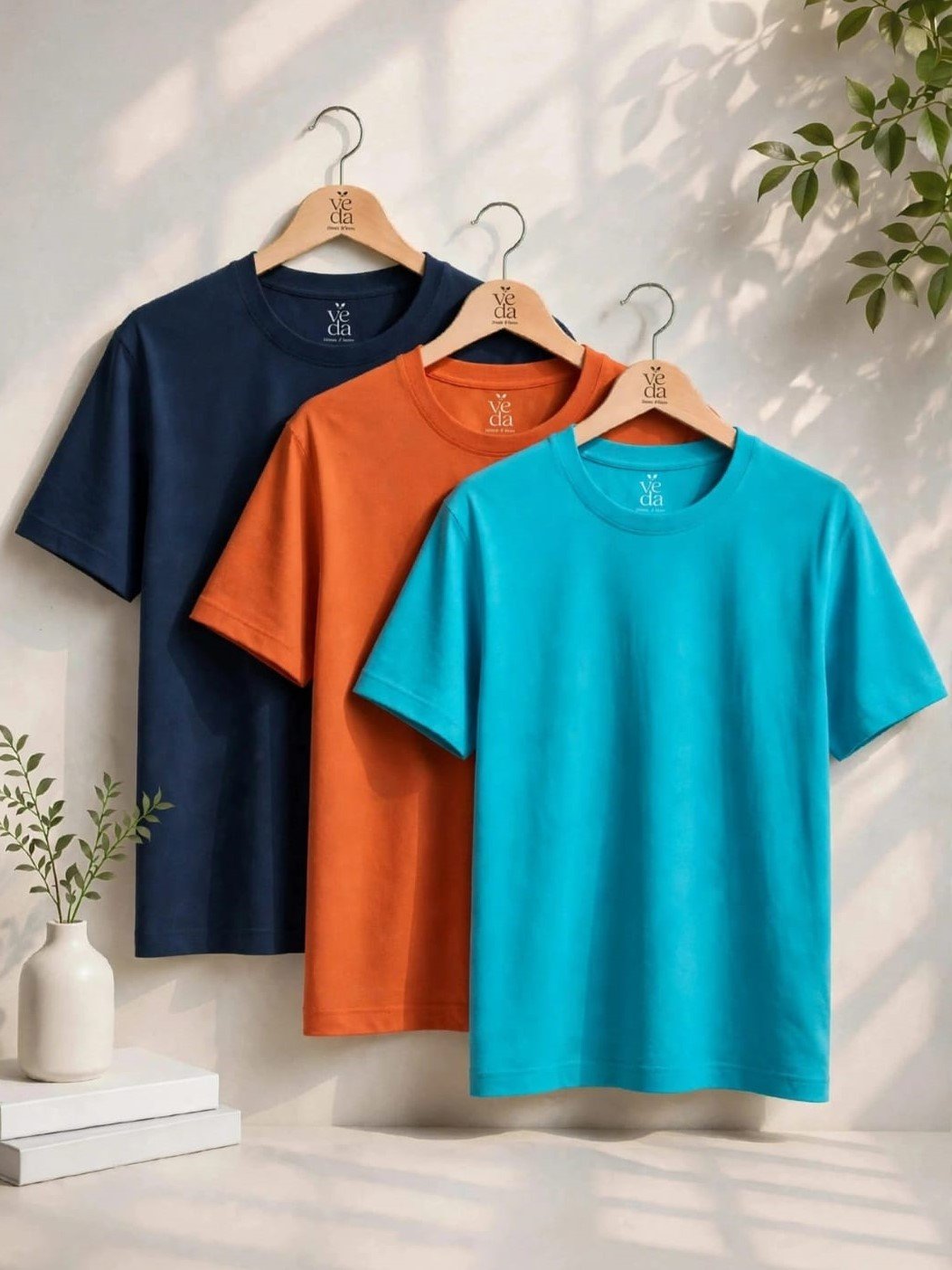 VEDA Fashion Premium Plain Men’s Combo (Navy Blue, Carrot, Mint Blue) T-Shirts (Regular Size)