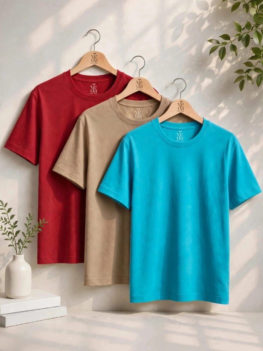 VEDA Fashion Premium Plain Men’s Combo (Red, Beige, Mint Blue) T-Shirts (Regular Size)