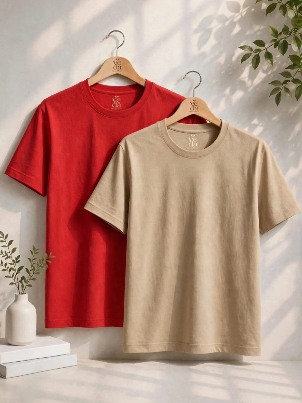 VEDA Fashion Premium Plain Men’s Combo (Red & Beige) T-Shirts (Regular Size)