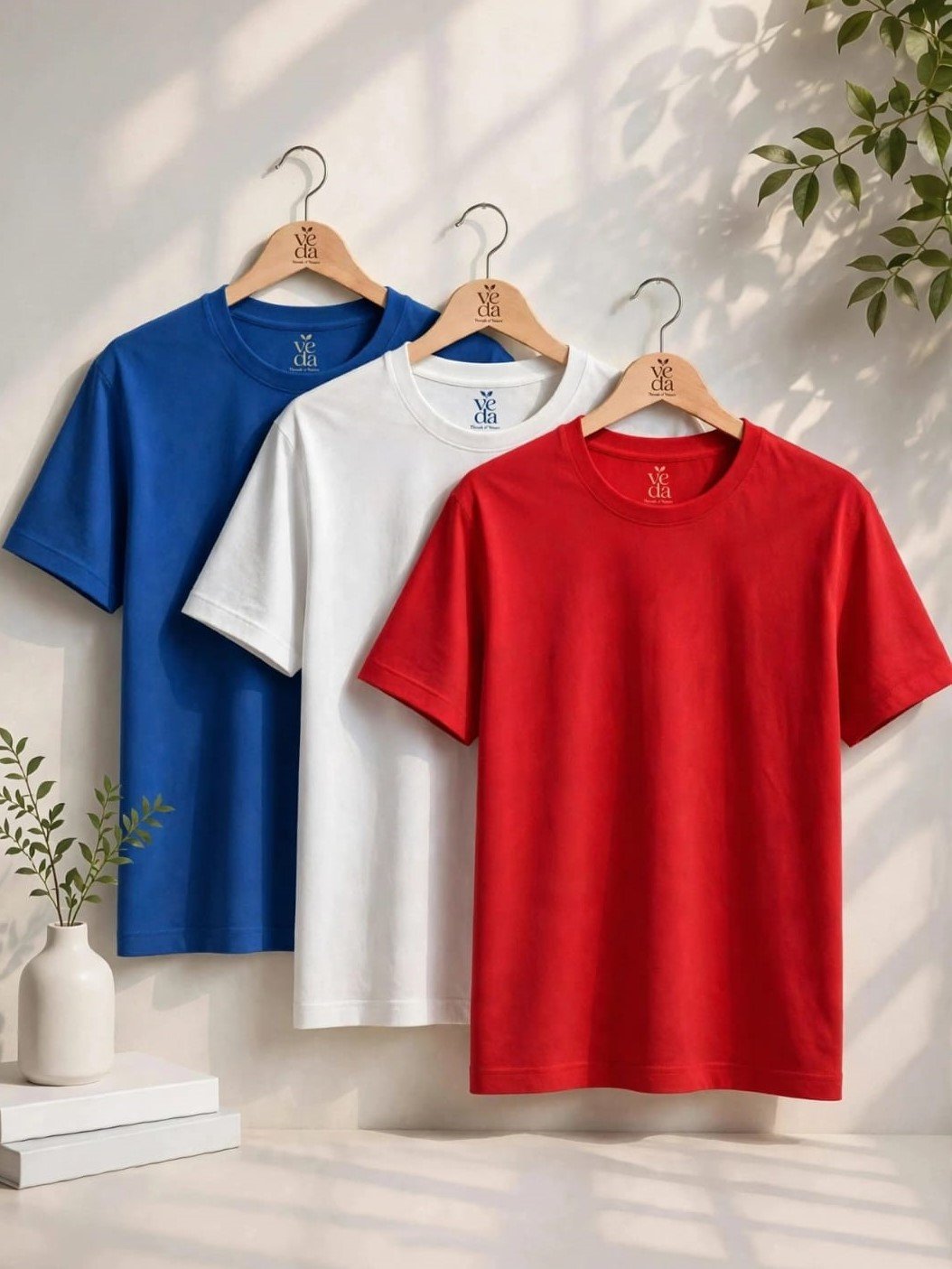 VEDA Fashion Premium Plain Men’s Combo (Royal Blue, White, Red) T-Shirts (Regular Size)