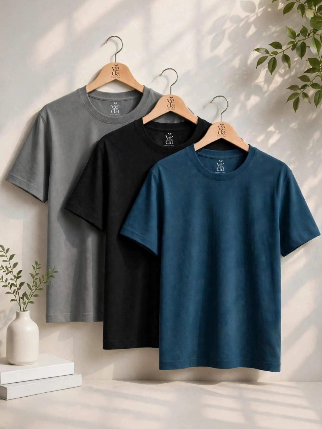 VEDA Fashion Premium Plain Men’s Combo (Steel Grey, Black, Petrol Green) T-Shirts (Regular Size)