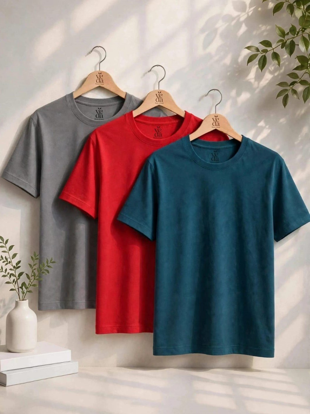 VEDA Fashion Premium Plain Men’s Combo (Steel Grey, Red, Petrol Green) T-Shirts (Regular Size)