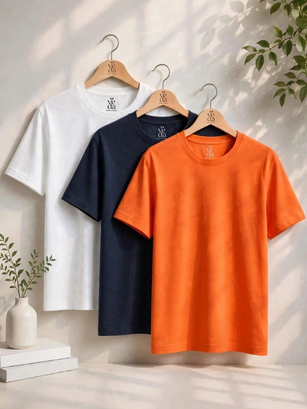 VEDA Fashion Premium Plain Men’s Combo (White, Navy Blue, Carrot) T-Shirts (Regular Size)