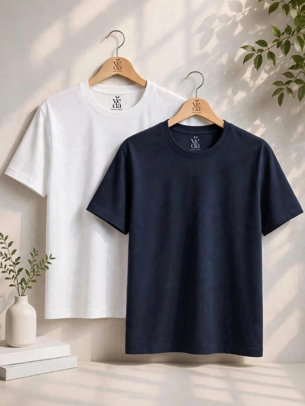 VEDA Fashion Premium Plain Men’s Combo (White, Navy Blue) T-Shirts (Regular Size)