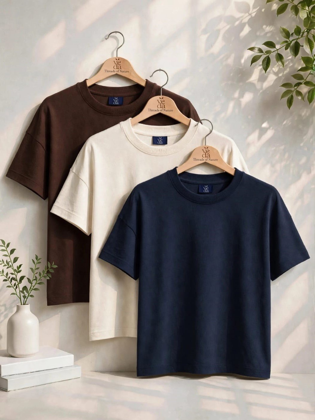 VEDA Fashion Premium Plain Men's Combo (Brown, Cream, Navy Blue) T-Shirt (Over Size)