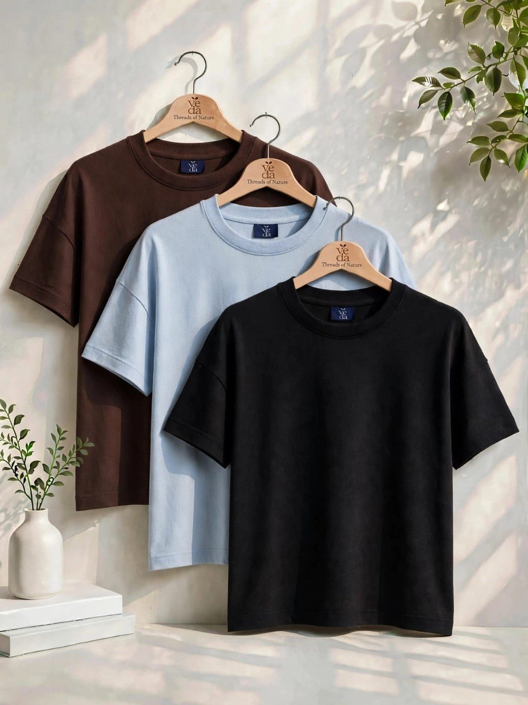 VEDA Fashion Premium Plain Men's Combo (Brown, Light Blue, Black) T-Shirt (Over Size)