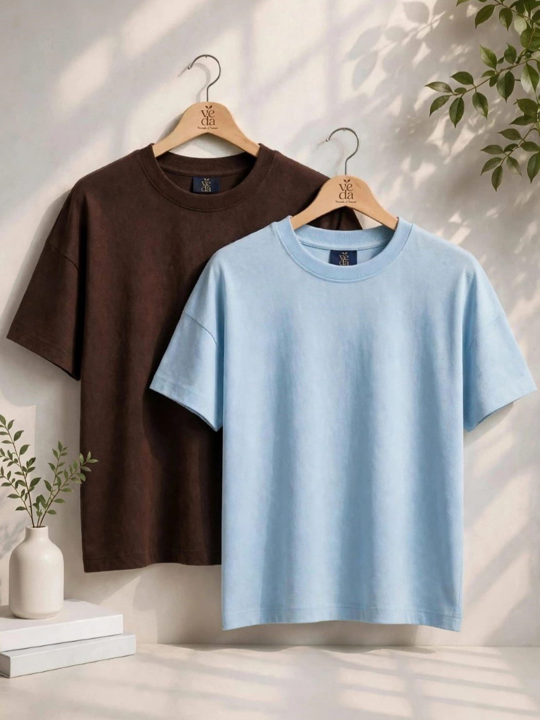 VEDA Fashion Premium Plain Men's Combo (Brown, Ligh Blue) T-Shirt (Over Size)