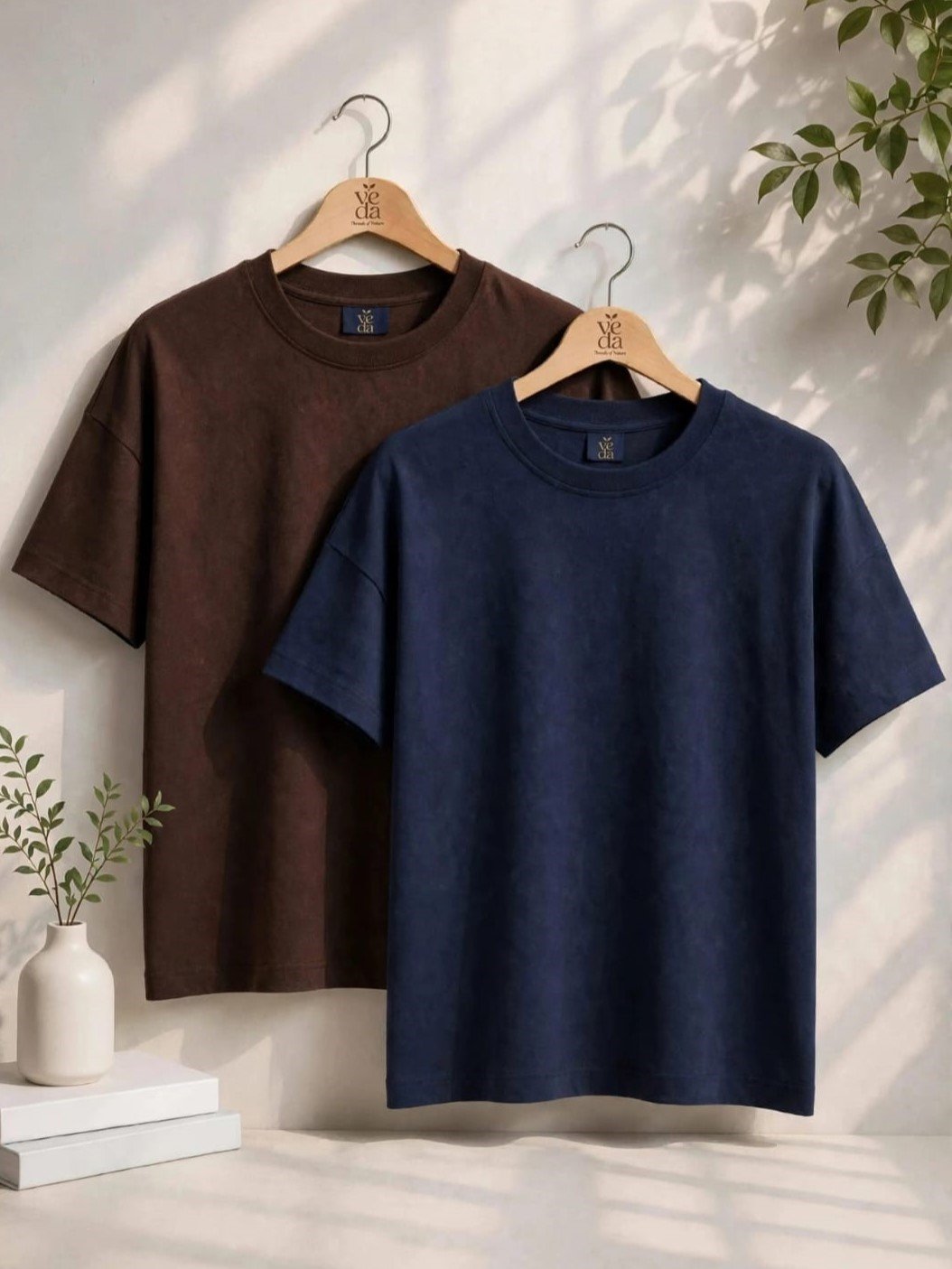 VEDA Fashion Premium Plain Men's Combo (Brown, Navy Blue) T-Shirt (Over Size)