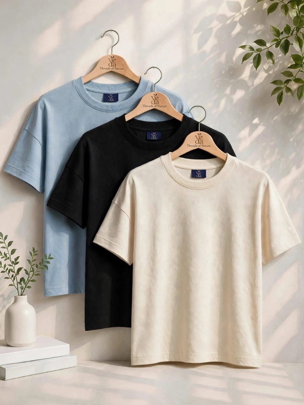 VEDA Fashion Premium Plain Men's Combo (Light Blue, Black, Cream) T-Shirt (Over Size)