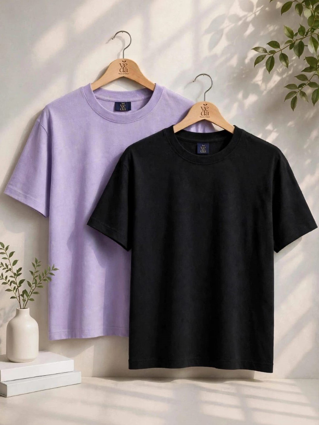 VEDA Fashion Premium Plain Men's Combo (Light Purple, Black) T-Shirt (Over Size)
