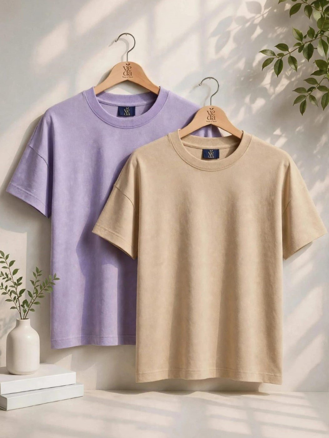 VEDA Fashion Premium Plain Men's Combo (Light Purple, Tan) T-Shirt (Over Size)