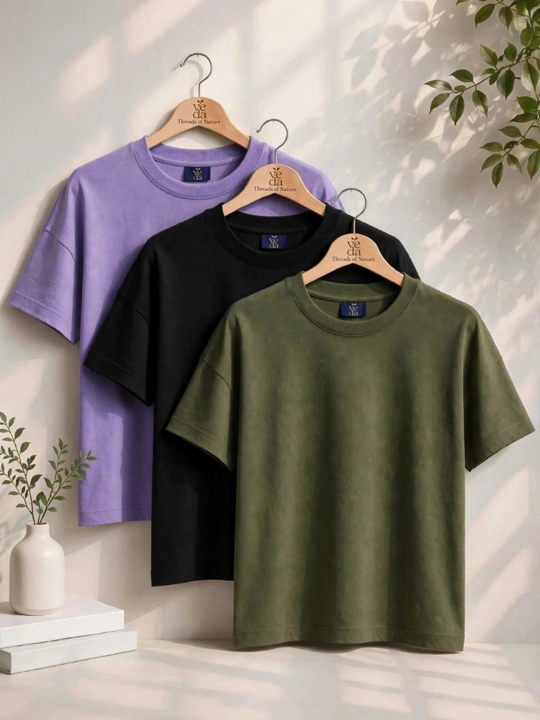 VEDA Fashion Premium Plain Men's Combo (Dark Purple, Black, Olive Green) T-Shirt (Over Size)
