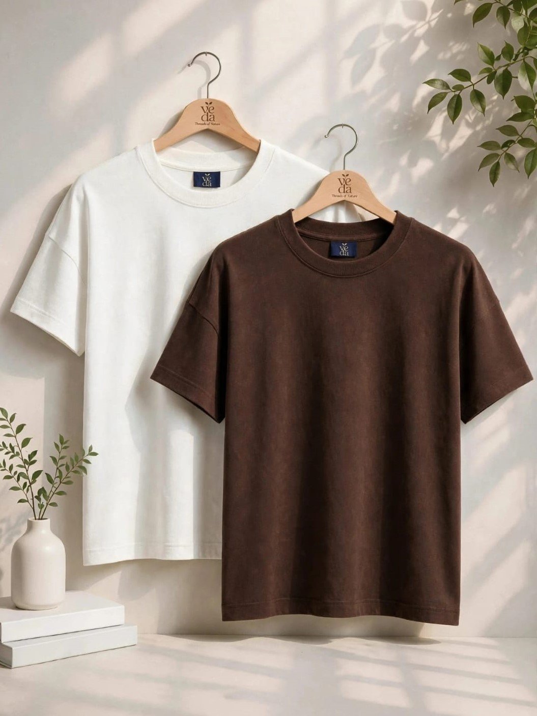 VEDA Fashion Premium Plain Men's Combo (White, Brown) T-Shirt (Over Size)