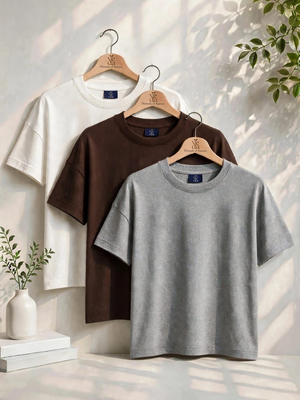 VEDA Fashion Premium Plain Men's Combo (White, Brown, Grey Melange) T-Shirt (Over Size)