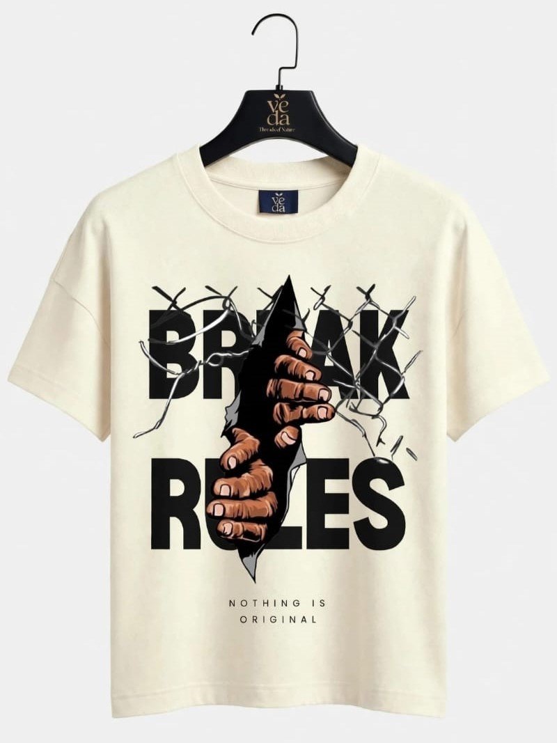 VEDA Fashion Premium Break Rule Printed Cream Men's T-Shirt | Loopknit | Ovesized