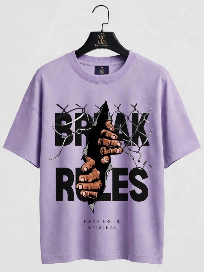 VEDA Fashion Premium Break Rule Printed Light Purple Men's T-Shirt | Loopknit | Ovesized