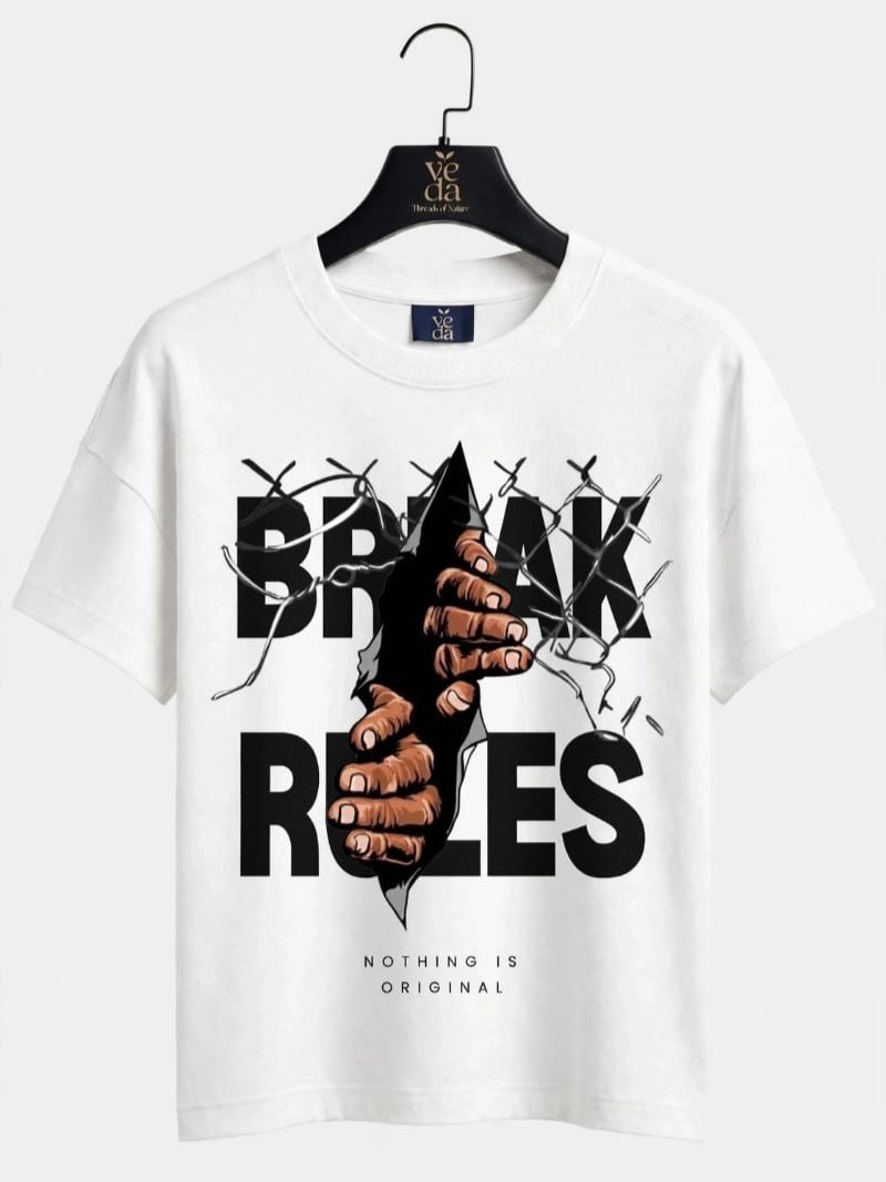 VEDA Fashion Premium Break Rule Printed White Men's T-Shirt | Loopknit | Ovesized