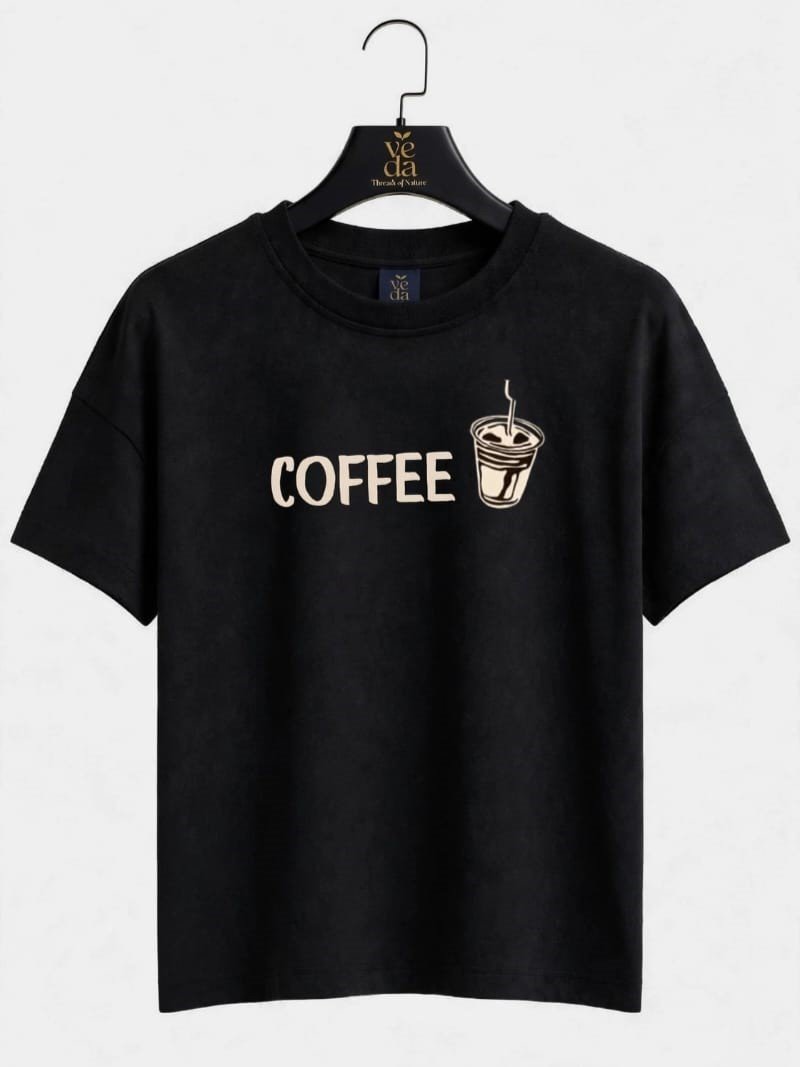 VEDA Fashion Premium Coffee Printed Black Men's T-Shirt | Loopknit | Ovesized