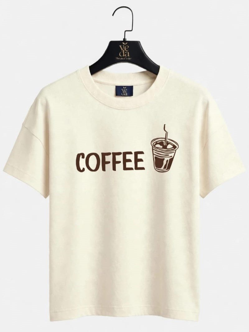 VEDA Fashion Premium Coffee Printed Cream Men's T-Shirt | Loopknit | Ovesized