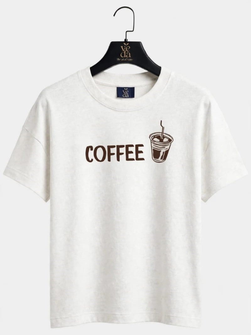 VEDA Fashion Premium Coffee Printed White Men's T-Shirt | Loopknit | Ovesized