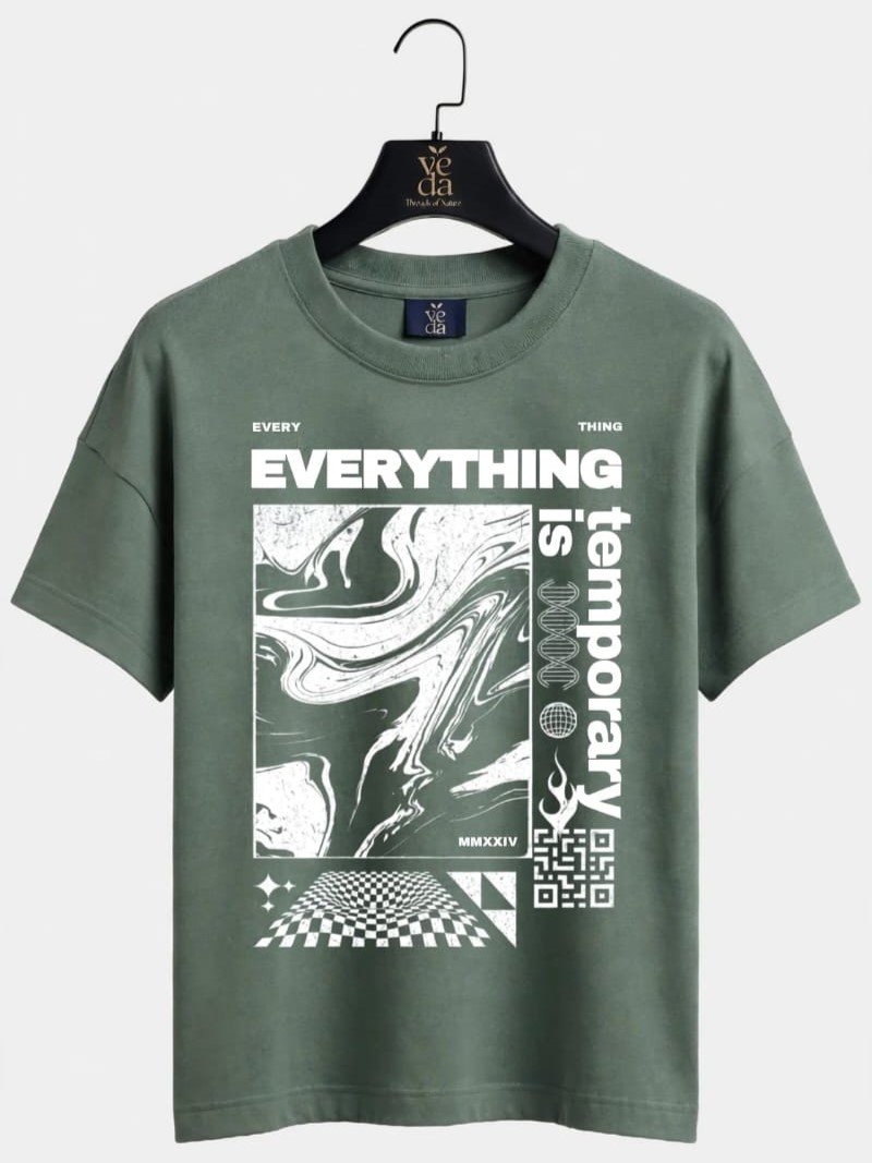VEDA Fashion Premium Everything is Temporary Printed Dark Green Men's T-Shirt | Loopknit | Ovesized