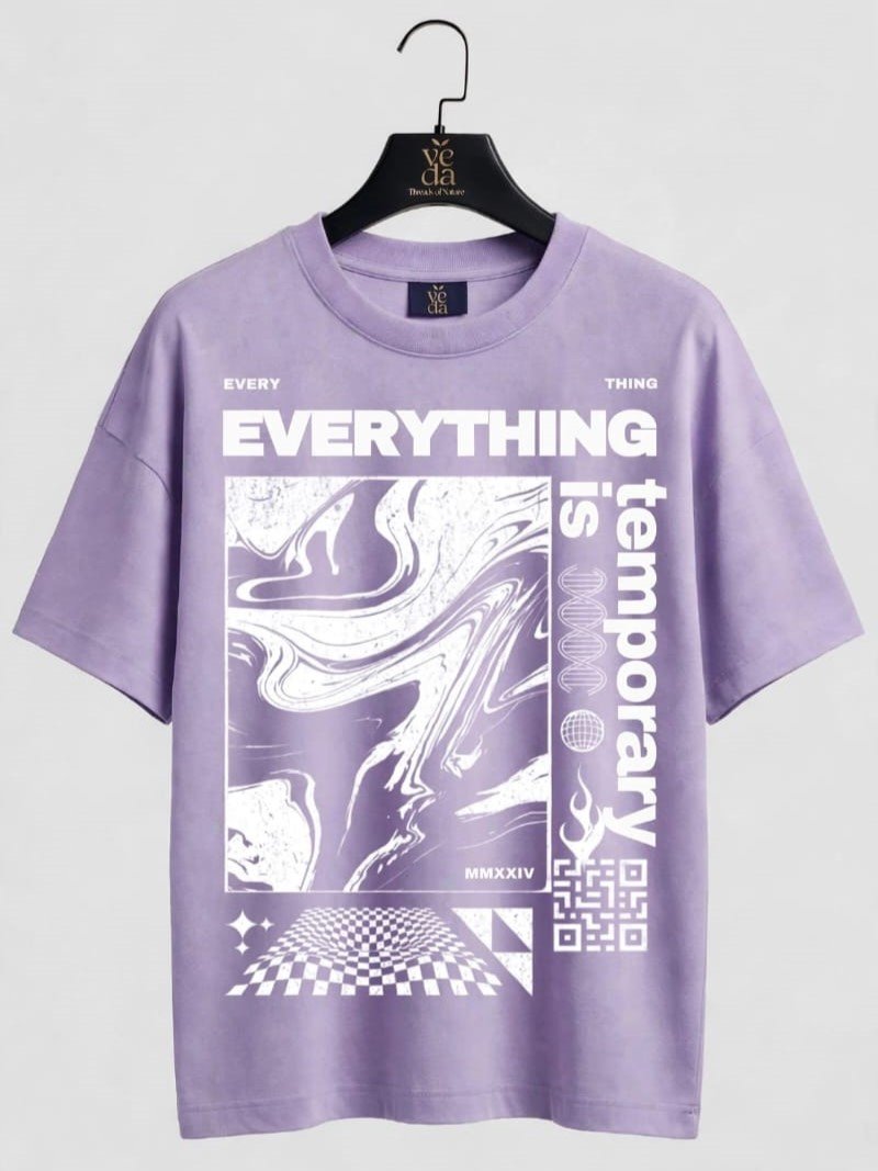 VEDA Fashion Premium Everything is Temporary Printed Light Purple Men's T-Shirt | Loopknit | Ovesized