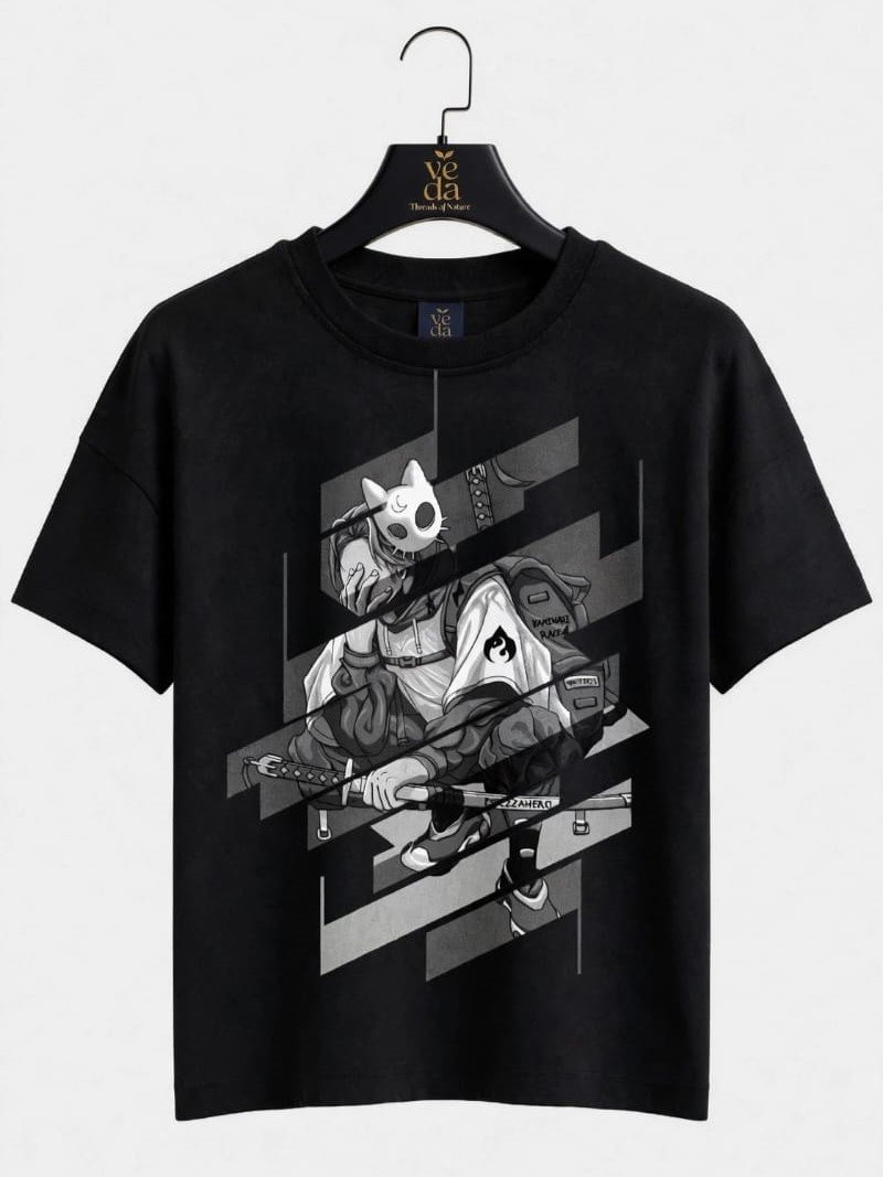 VEDA Fashion Premium Samurai Printed Black Men's T-Shirt | Loopknit | Ovesized
