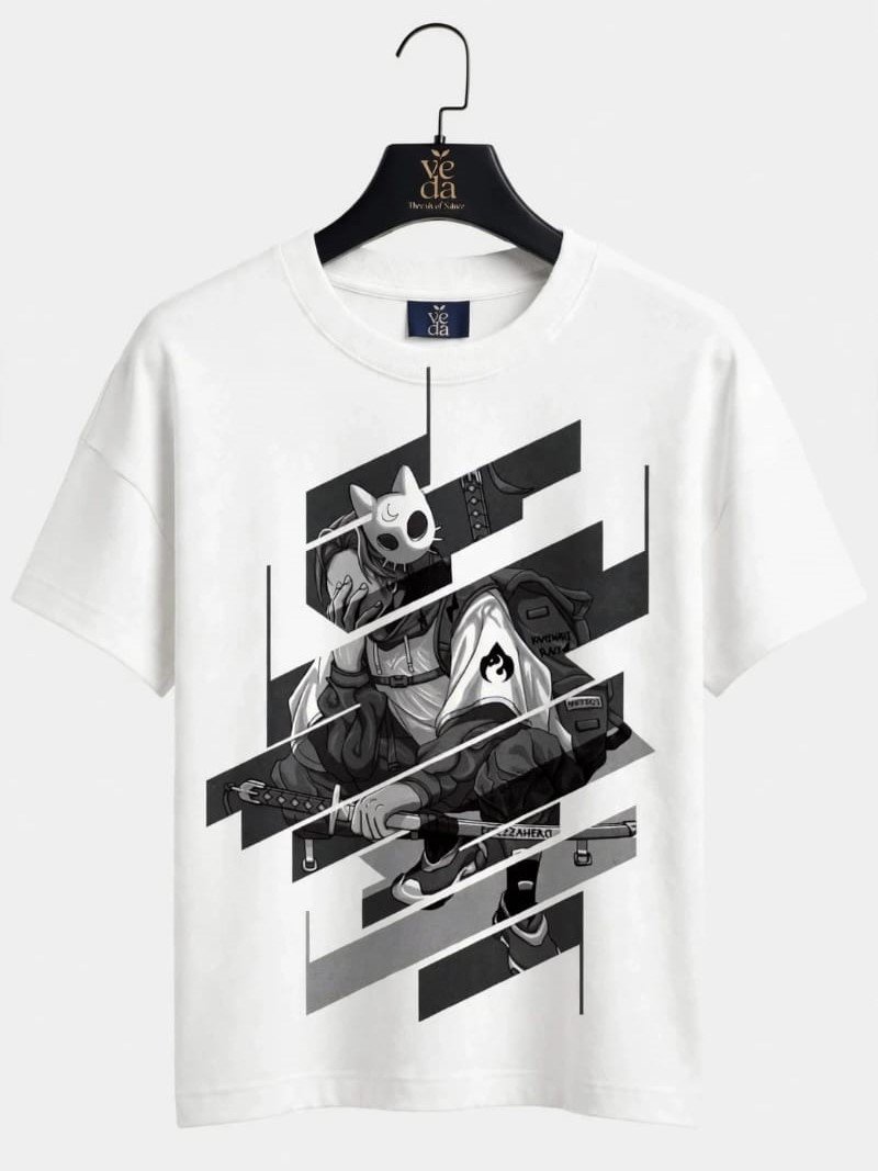 VEDA Fashion Premium Samurai Printed White Men's T-Shirt | Loopknit | Ovesized