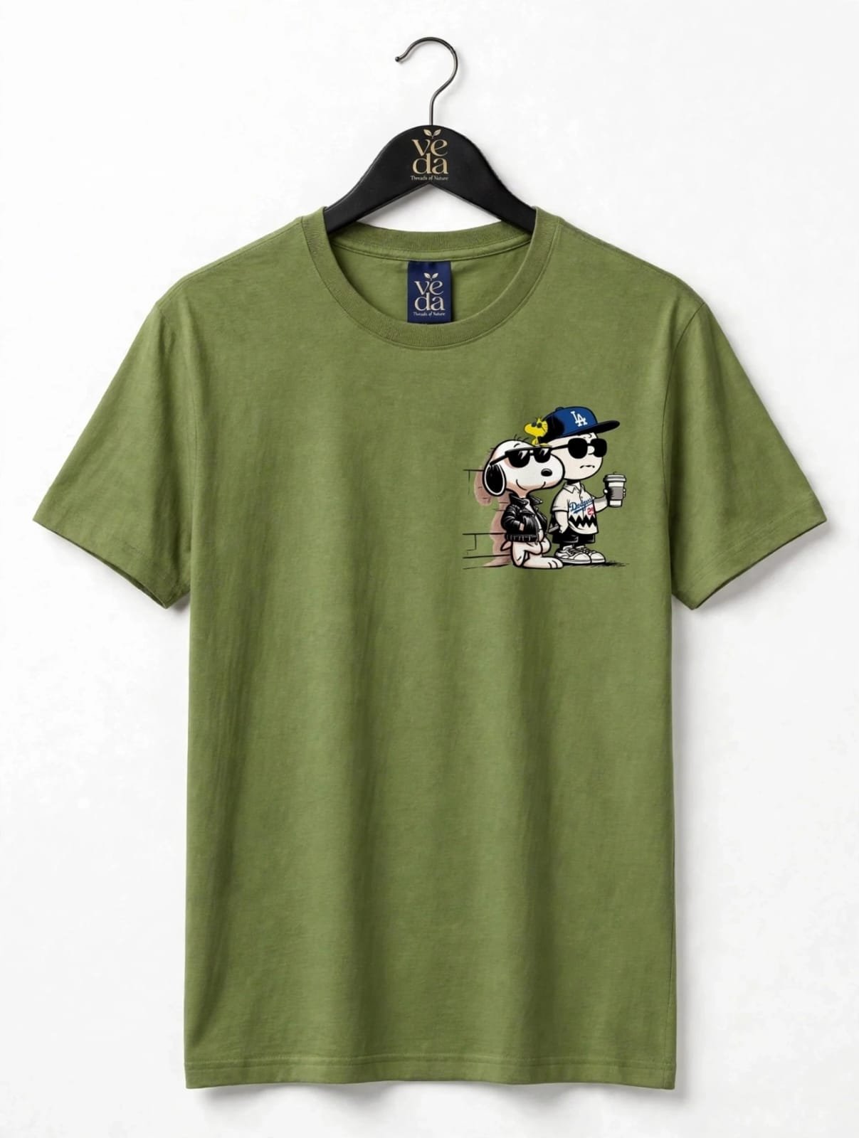 VEDA Fashion Premium Snoopy Printed Olive Green Men's T-Shirt | 100% Cotton | Regular Fit