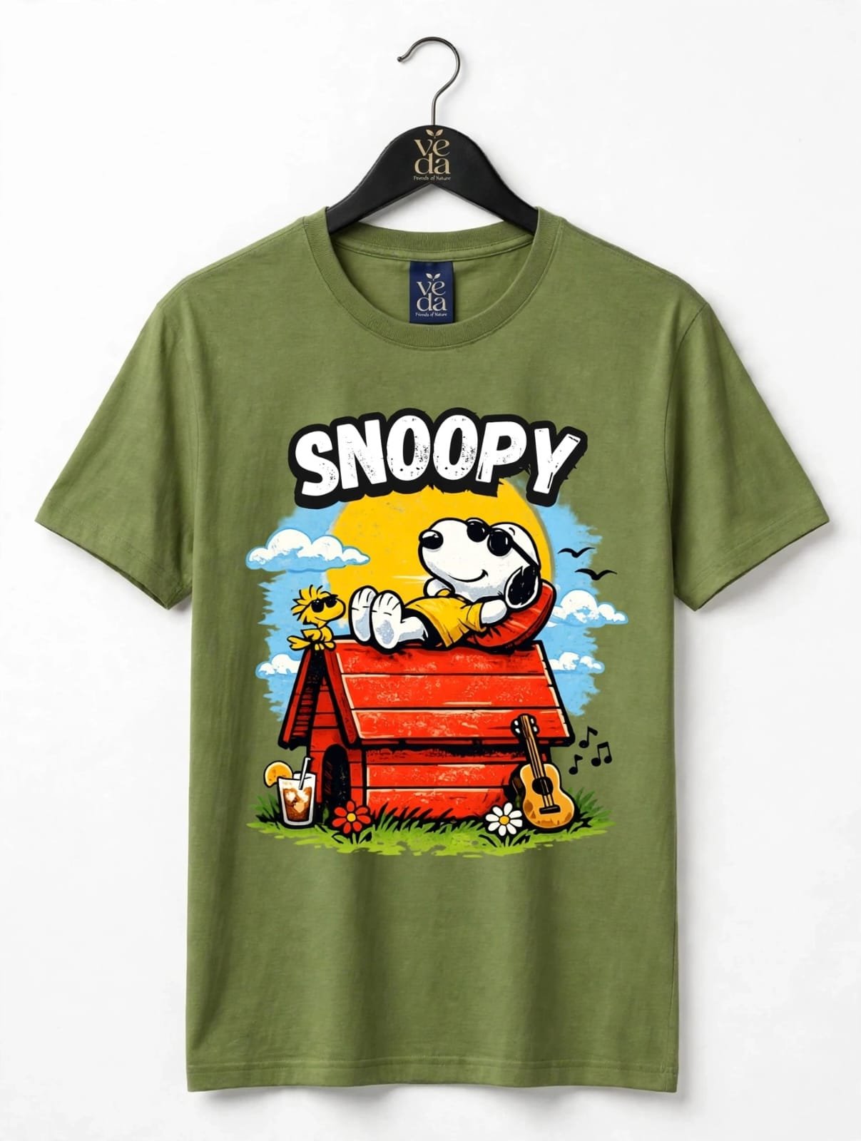 VEDA Fashion Premium Snoopy Printed Olive Green Men's T-Shirt | 100% Cotton | Regular Fit