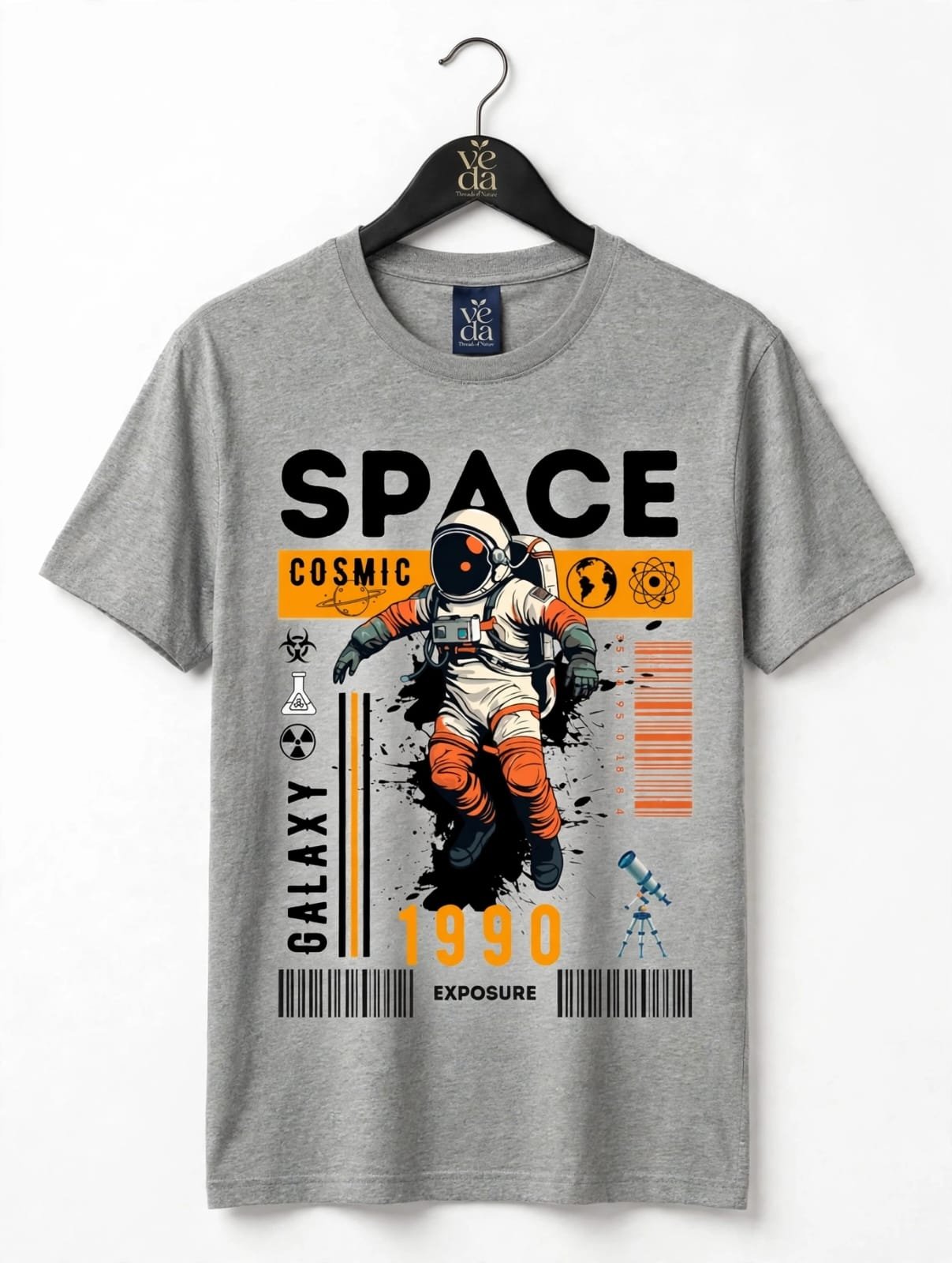VEDA Fashion Premium Space Printed Grey Melange Men's T-Shirt | 100% Cotton | Regular Fit