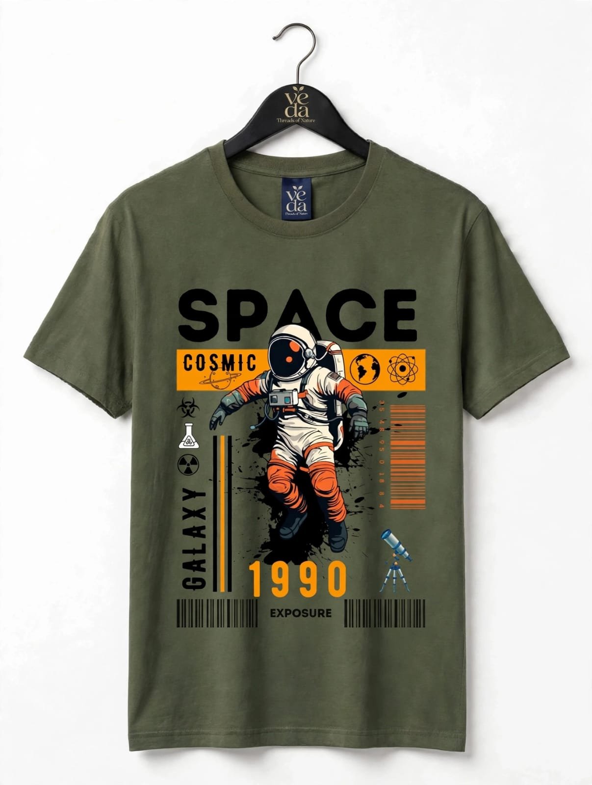 VEDA Fashion Premium Space Printed Olive Green Men's T-Shirt | 100% Cotton | Regular Fit