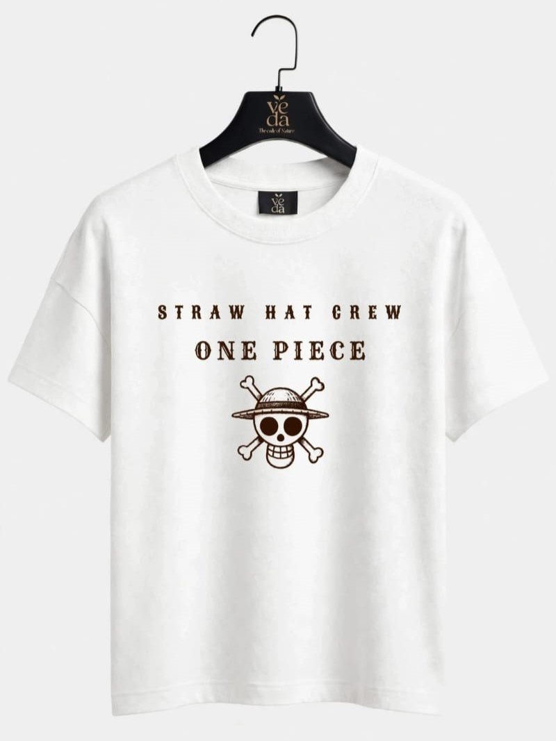 VEDA Fashion Premium Straw Hat Crew Printed White Men's T-Shirt | Loopknit | Ovesized