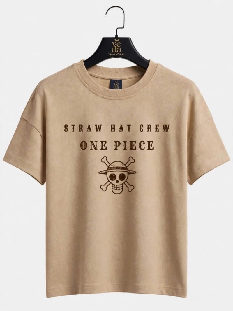 VEDA Fashion Premium Straw Hat Crew Printed Tan Men's T-Shirt | Loopknit | Ovesized