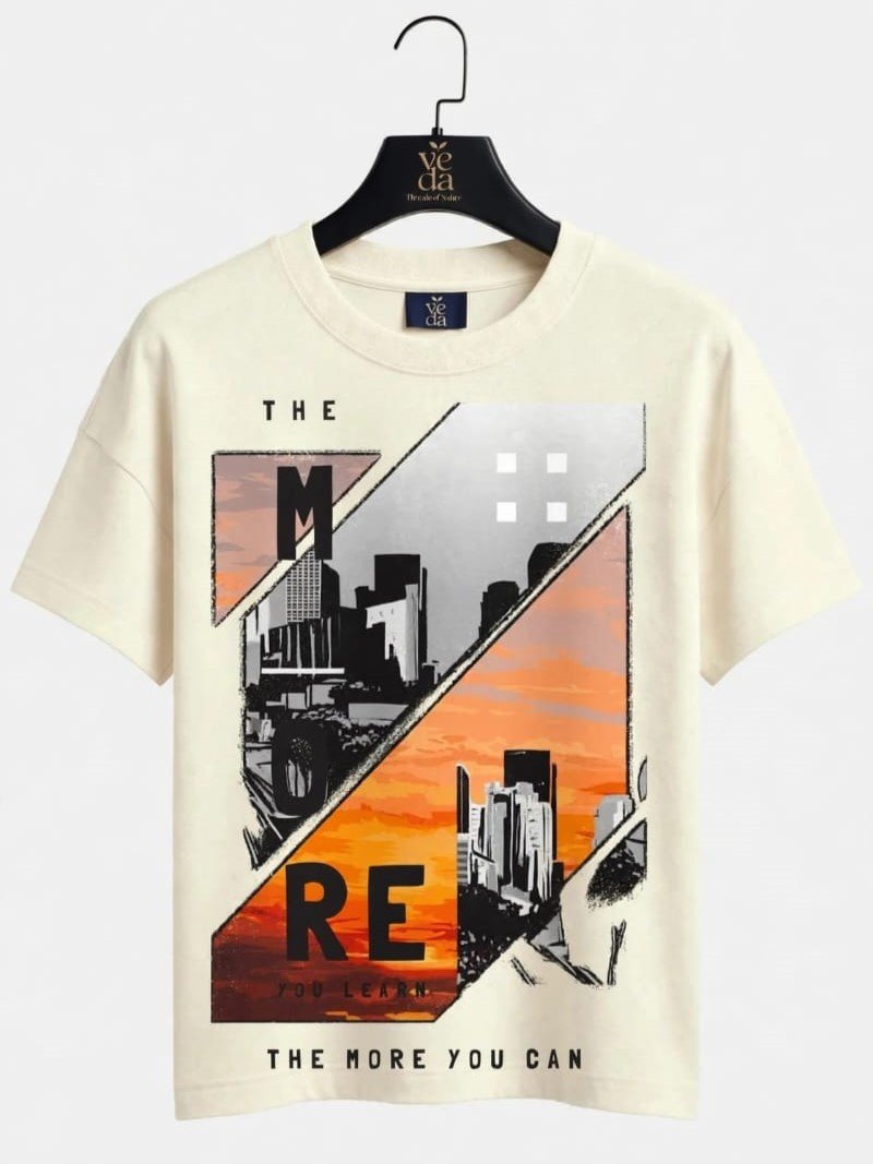 VEDA Fashion Premium The More You Can Printed Cream Men's T-Shirt | Loopknit | Ovesized