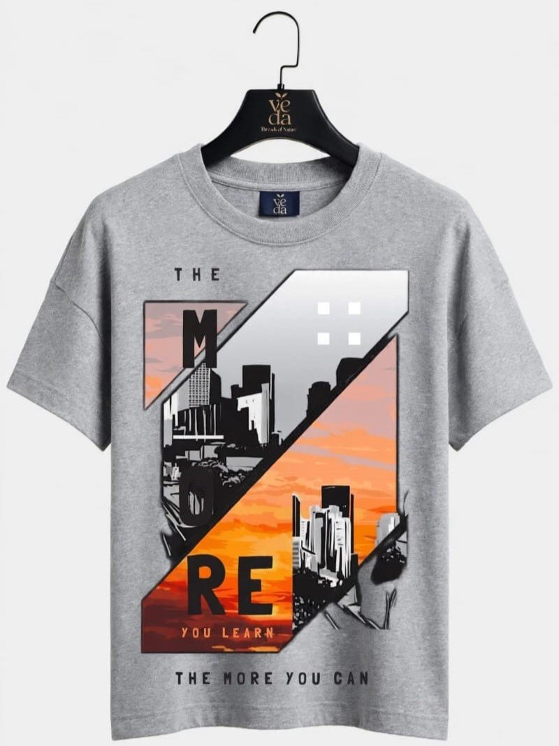VEDA Fashion Premium The More You Can Printed Grey Men's T-Shirt | Loopknit | Ovesized