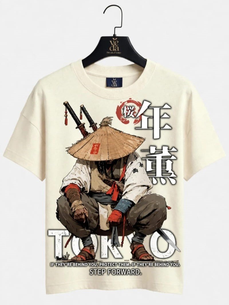 VEDA Fashion Premium Tokyo Printed Cream Men's T-Shirt | Loopknit | Ovesized