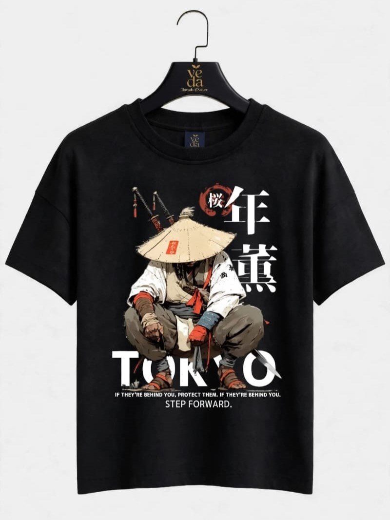VEDA Fashion Premium Tokyo Printed Black Men's T-Shirt | Loopknit | Ovesized