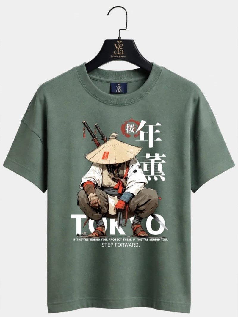 VEDA Fashion Premium Tokyo Printed Dark Green Men's T-Shirt | Loopknit | Ovesized