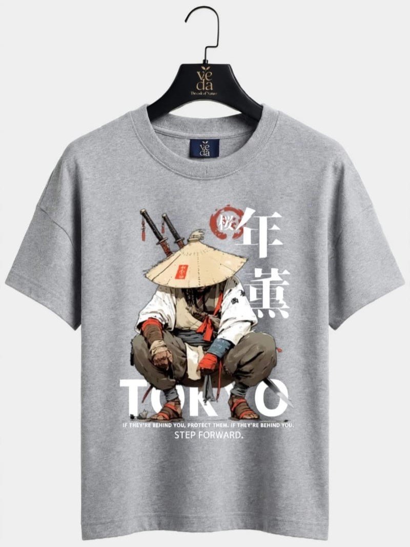 VEDA Fashion Premium Tokyo Printed Grey Men's T-Shirt | Loopknit | Ovesized
