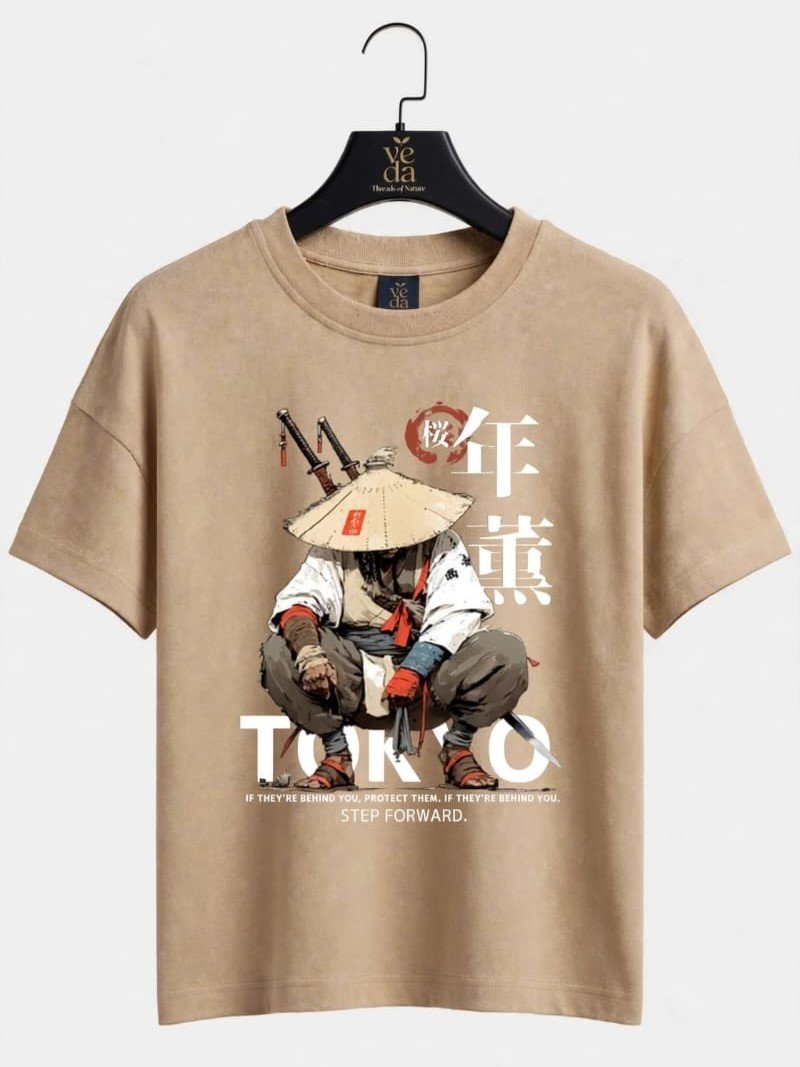 VEDA Fashion Premium Tokyo Printed Tan Men's T-Shirt | Loopknit | Ovesized
