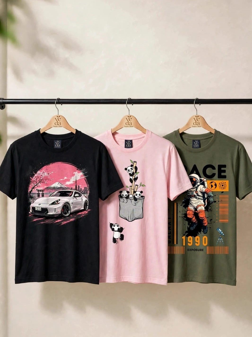 VEDA Fashion Premium Printed Men’s Combo (Black, Icy Pink, Olive Green) T-Shirts (Regular Size)