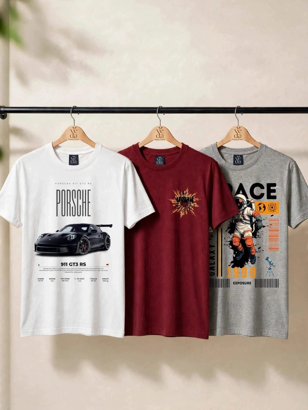 VEDA Fashion Premium Printed Men’s Combo (White, Maroon, Grey Melange) T-Shirts (Regular Size)