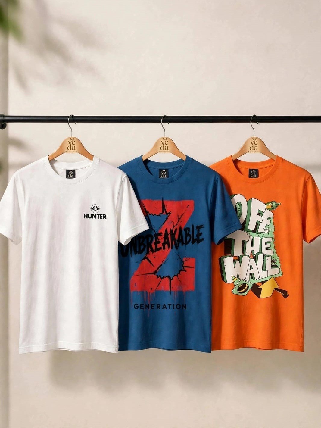 VEDA Fashion Premium Printed Men’s Combo (White, Navy Blue, Carrot) T-Shirts (Regular Size)